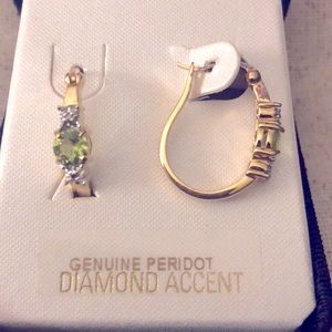 18 kt Gold Over Silver Genuine Peridot Diamond Accent Hoop Earrings